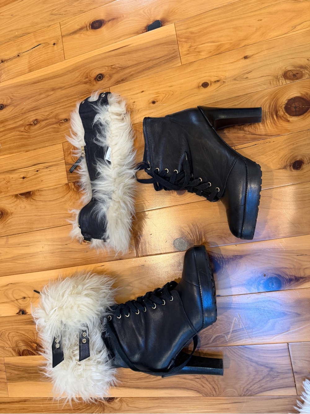 Diesel Black Lace-Up Platform Ankle Boots with Cream Fur Cuffs